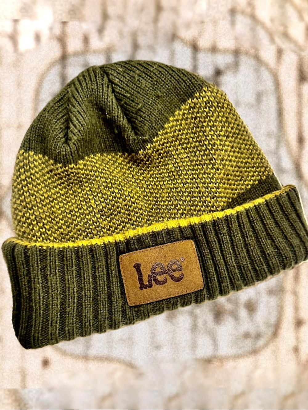 Lee Logo Jaquard Stripe Faux Leather Emblem Beanie